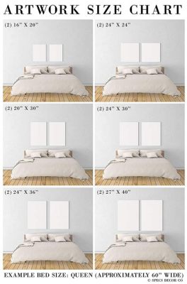 what size art above queen bed: Considering the placement of an artwork above a queen-sized bed, what size should it be?